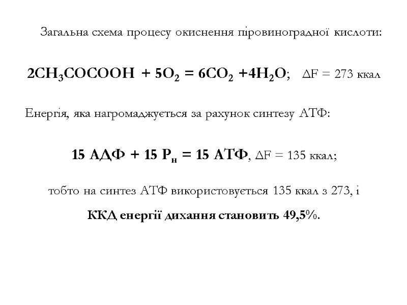 Загальна схема процесу окиснення піровиноградної кислоти:  2СН3СОСООН + 5О2 = 6СО2 +4Н2О; 